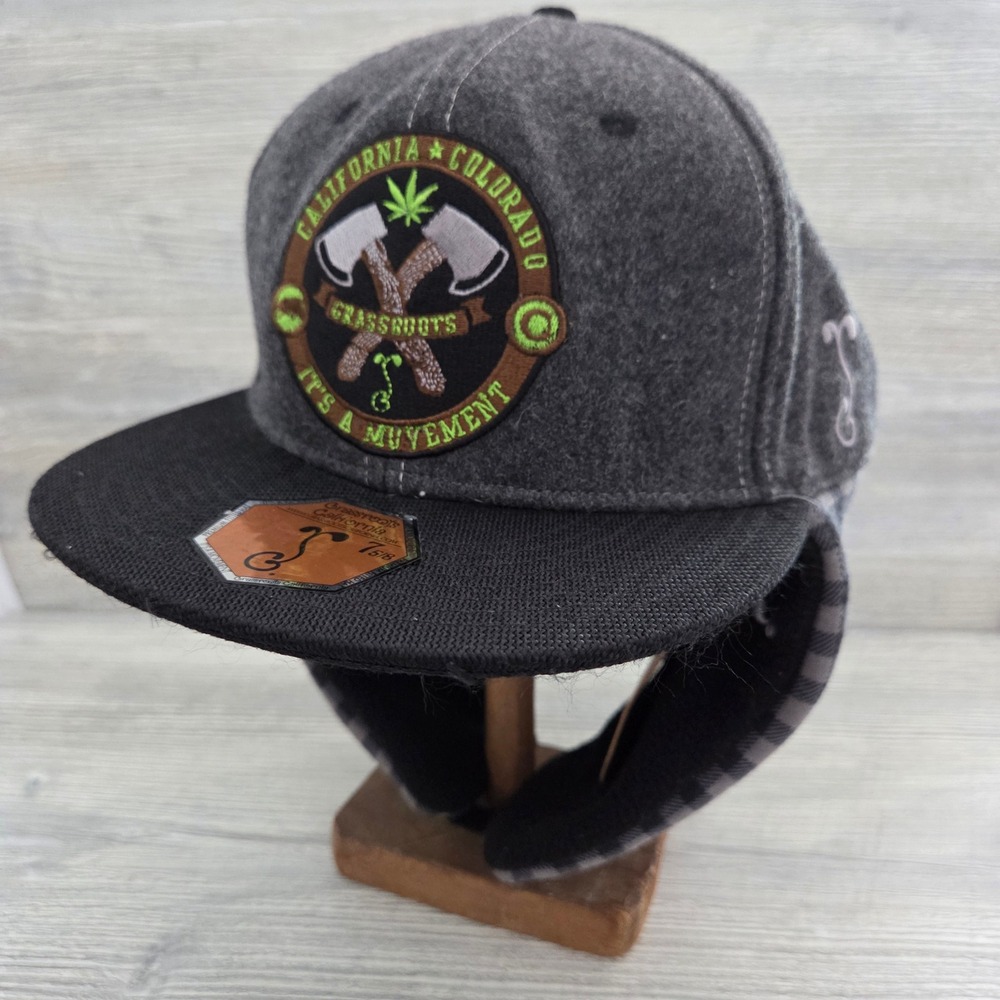 Grassroots California Fitted Hat Grey Ear Flap Plaid Movement Mens 7 5/8